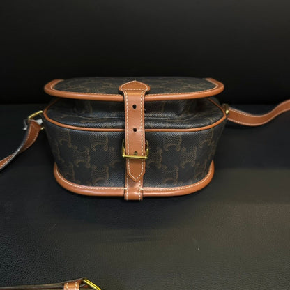 Celine Arc de Triomphe Brown Canvas Leather Saddle Crossbody Bag Medium