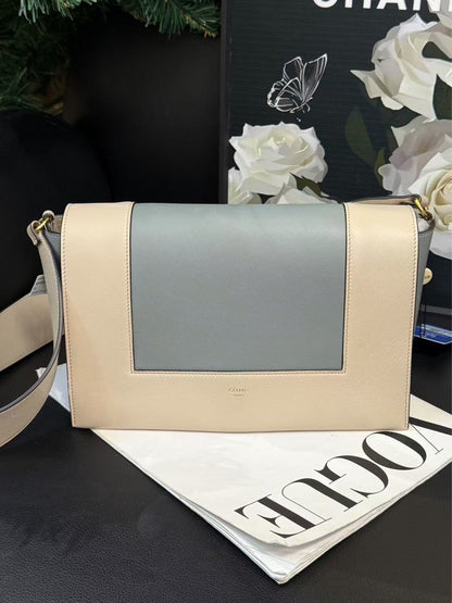 Celine Color Blocked Cowhide Tofu Crossbody Shoulder Bag Cream Gray