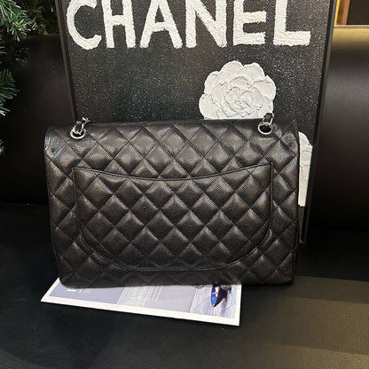 Chanel Black Silver Lychee CF Maxi One-Shoulder Crossbody Bag