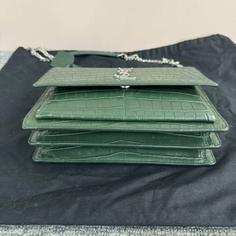 Saint Laurent Sunset Bag Green Crocodile Embossed Leather Crossbody