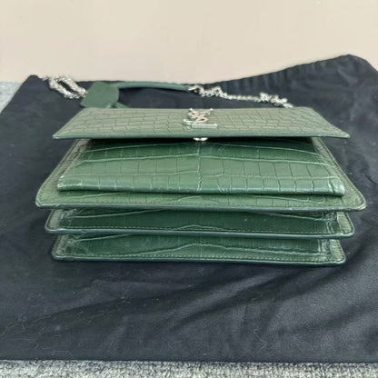 Saint Laurent Sunset Bag Green Crocodile Embossed Leather Crossbody