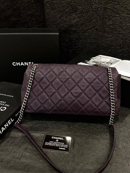 Chanel Purple Caviar Silver Buckle Airport Crossbody Bag With Card