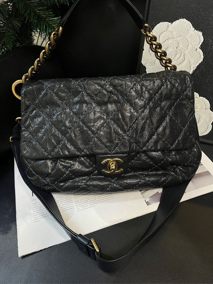 Chanel Mumbai Series Dark Blue Leather Gold Buckle Handbag Crossbody Bag