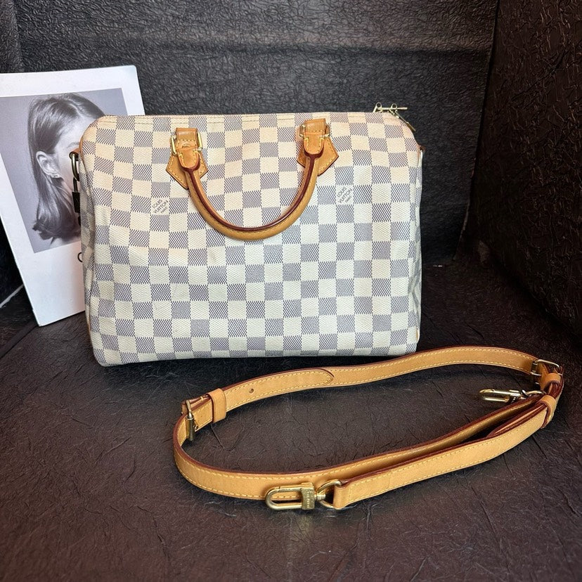 Louis Vuitton Speedy 30 White Checkered Pattern Handheld Crossbody Bag