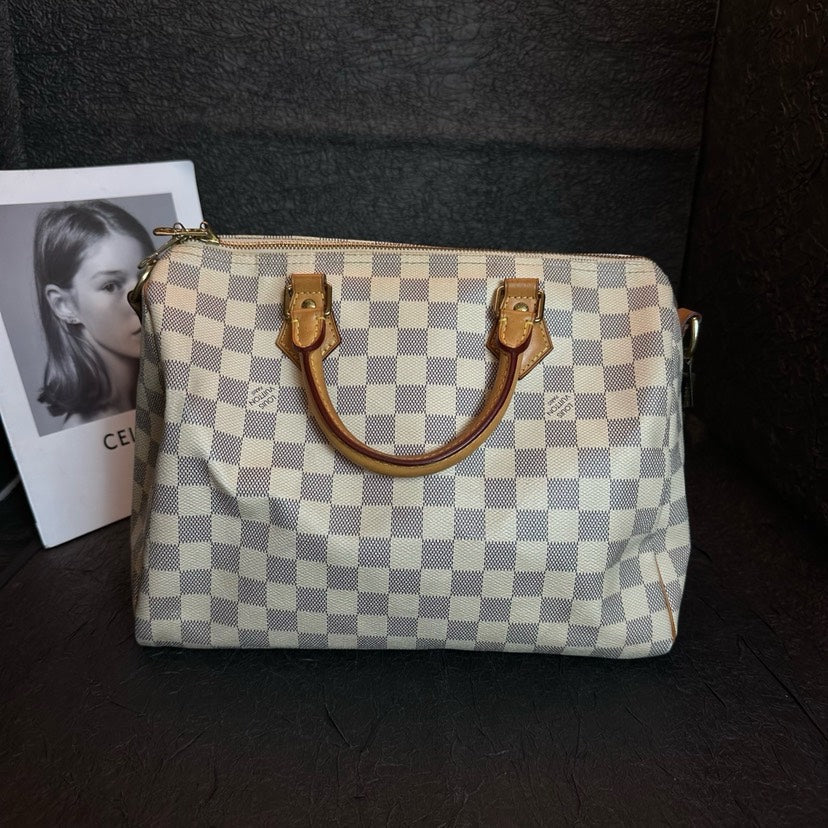Louis Vuitton Speedy 30 White Checkered Pattern Handheld Crossbody Bag