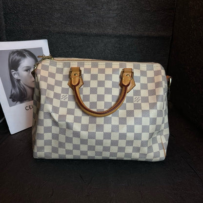 Louis Vuitton Speedy 30 White Checkered Pattern Handheld Crossbody Bag