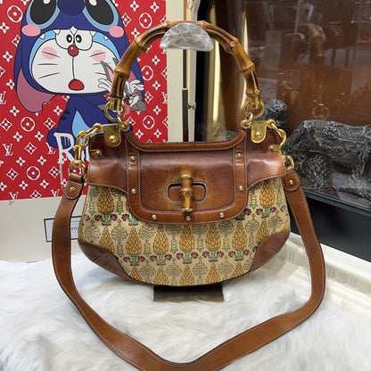 Gucci Brown Bamboo Canvas Leather Crossbody Bag Small