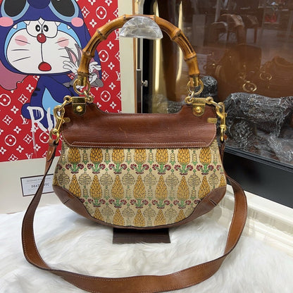 Gucci Brown Bamboo Canvas Leather Crossbody Bag Small