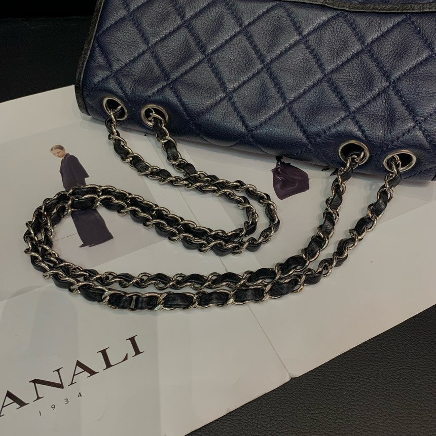 Chanel Blue Black Color Block CF Quilted Double Chain Crossbody Bag