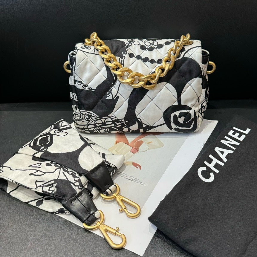 Chanel CF Graffiti Black White Canvas Chain Crossbody Bag Mini