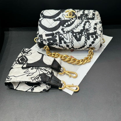 Chanel CF Graffiti Black White Canvas Chain Crossbody Bag Mini