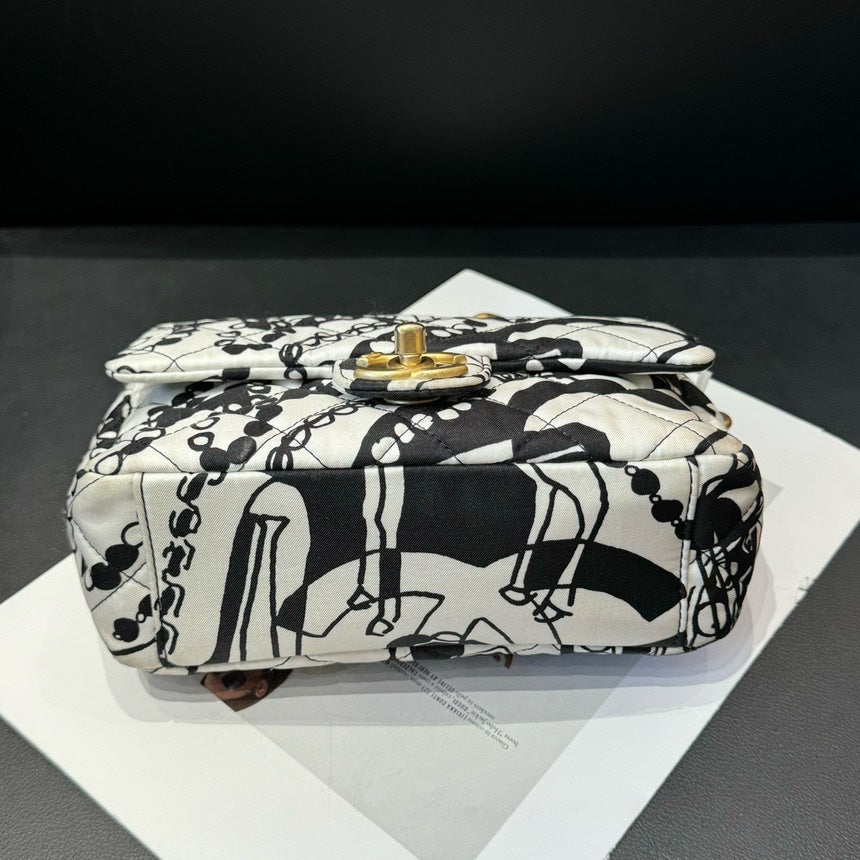 Chanel CF Graffiti Black White Canvas Chain Crossbody Bag Mini