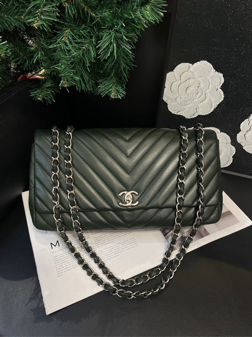 Chanel Dark Green CF V-Pattern Leather Crossbody Bag Medium