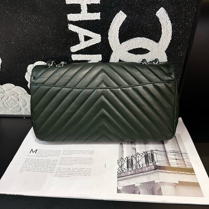 Chanel Dark Green CF V-Pattern Leather Crossbody Bag Medium