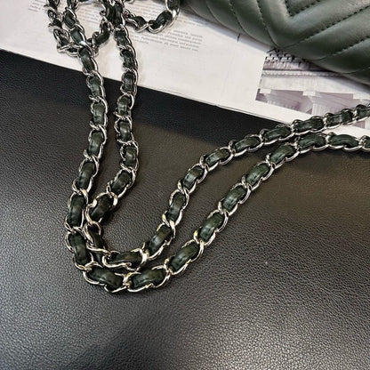Chanel Dark Green CF V-Pattern Leather Crossbody Bag Medium