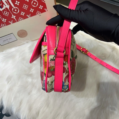 Gucci Floral Canvas Pink Leather Crossbody Bag Medium