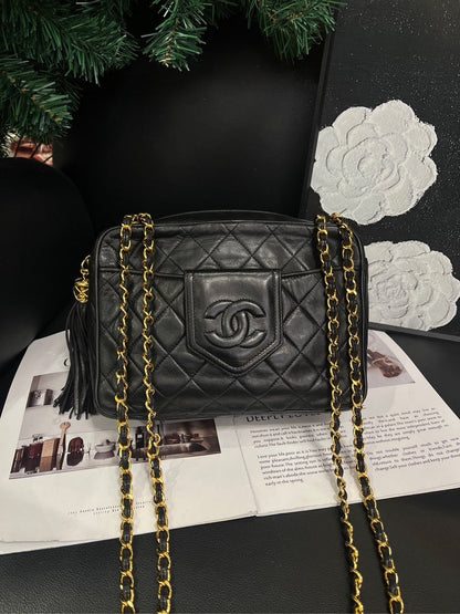 Chanel Black Gold Leather Tassel Chain Camera Crossbody Bag