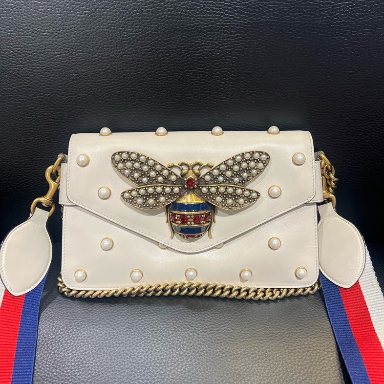 Gucci Broadway White Pearl Embellished Crossbody Bag