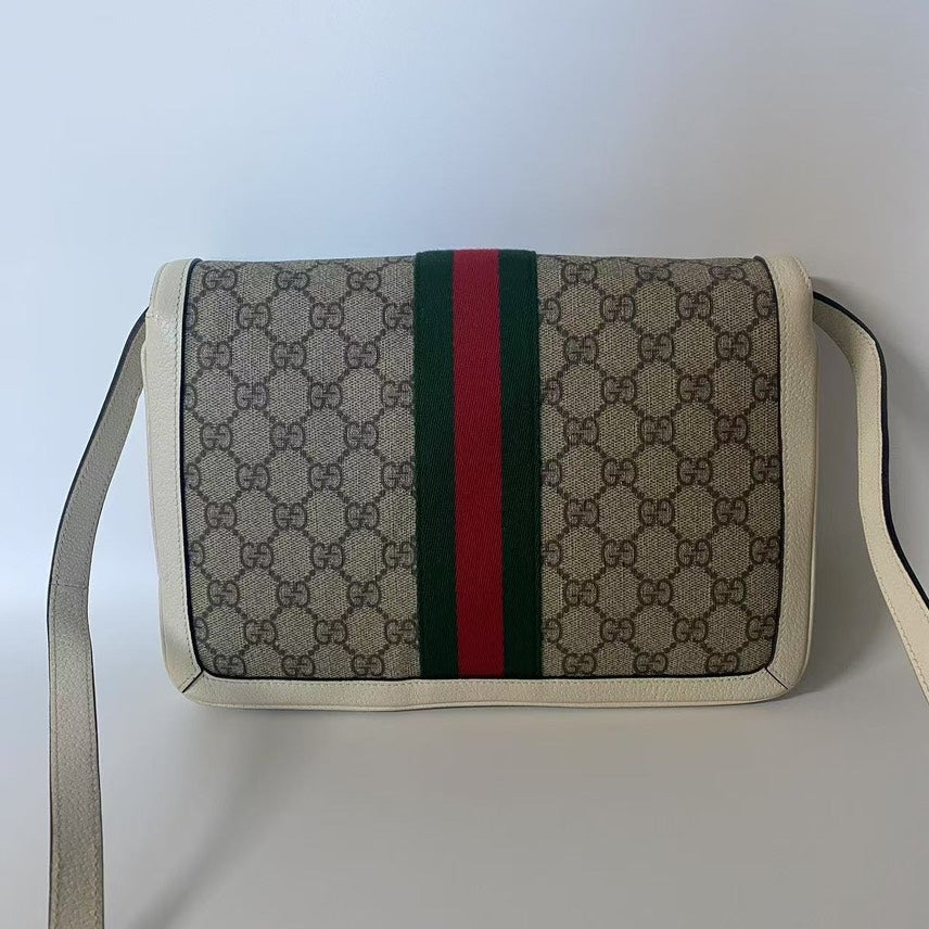 GUCCI GG Supreme Bee Satchel Beige Leather Crossbody Bag
