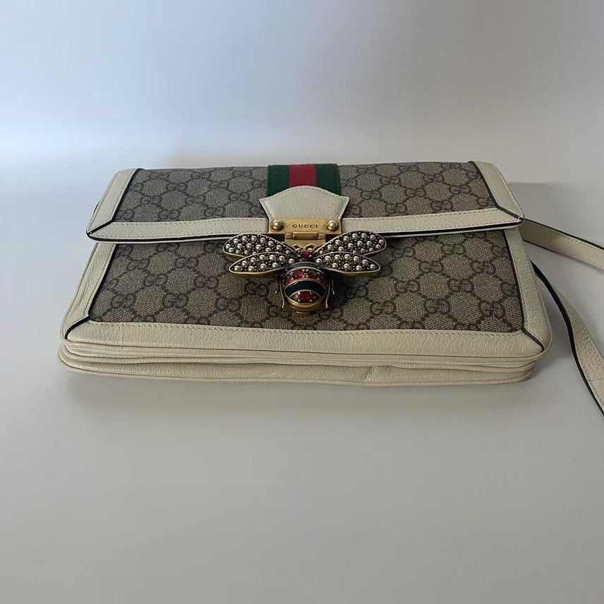 GUCCI GG Supreme Bee Satchel Beige Leather Crossbody Bag