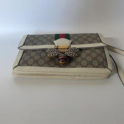 GUCCI GG Supreme Bee Satchel Beige Leather Crossbody Bag