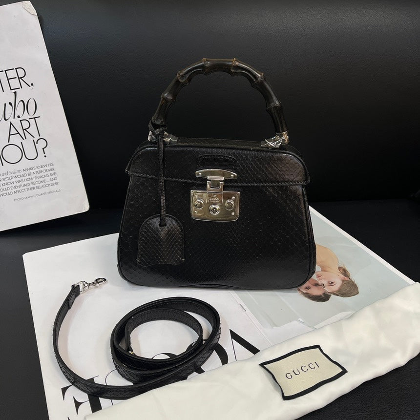 Gucci Bamboo Snakeskin Black Silver Crossbody Bag