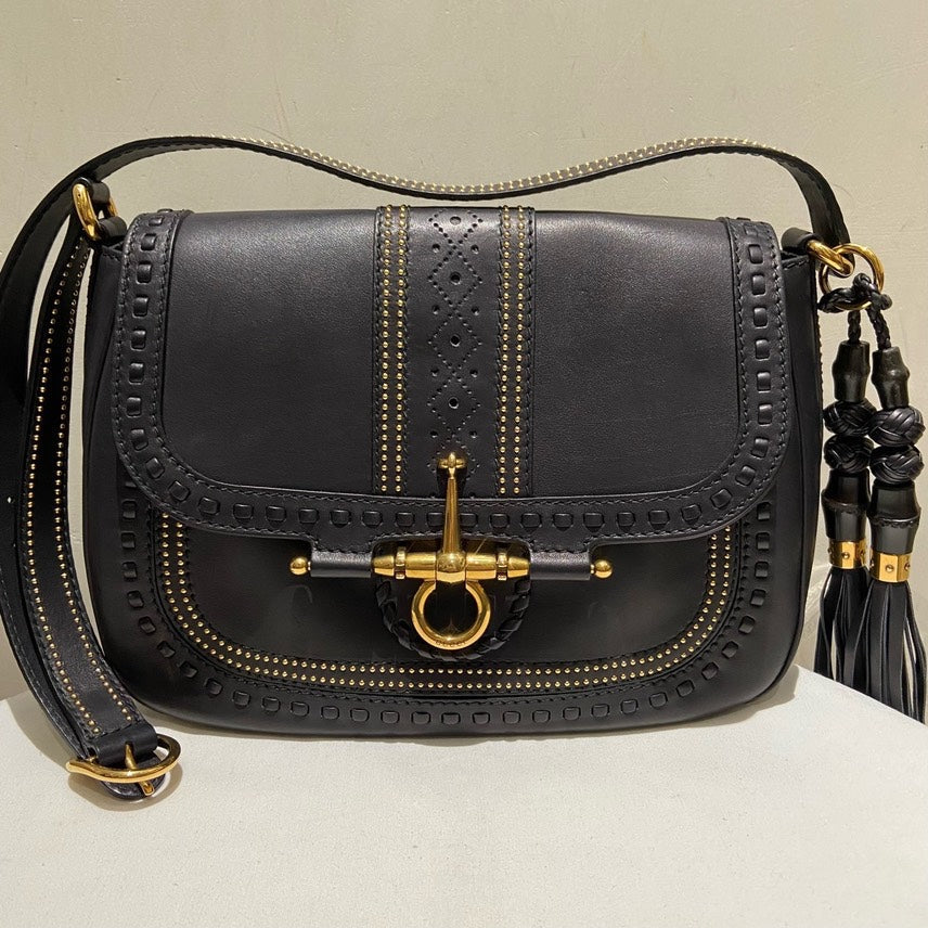 Gucci Black Leather Horsebit Chain Vintage Crossbody Bag
