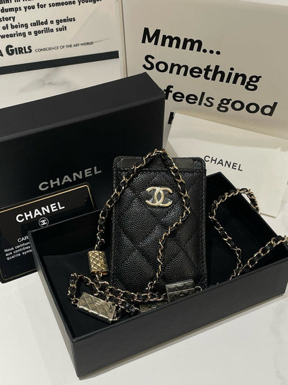 Chanel Card Holder On Chain, Black Caviar Leather Crossbody Bag