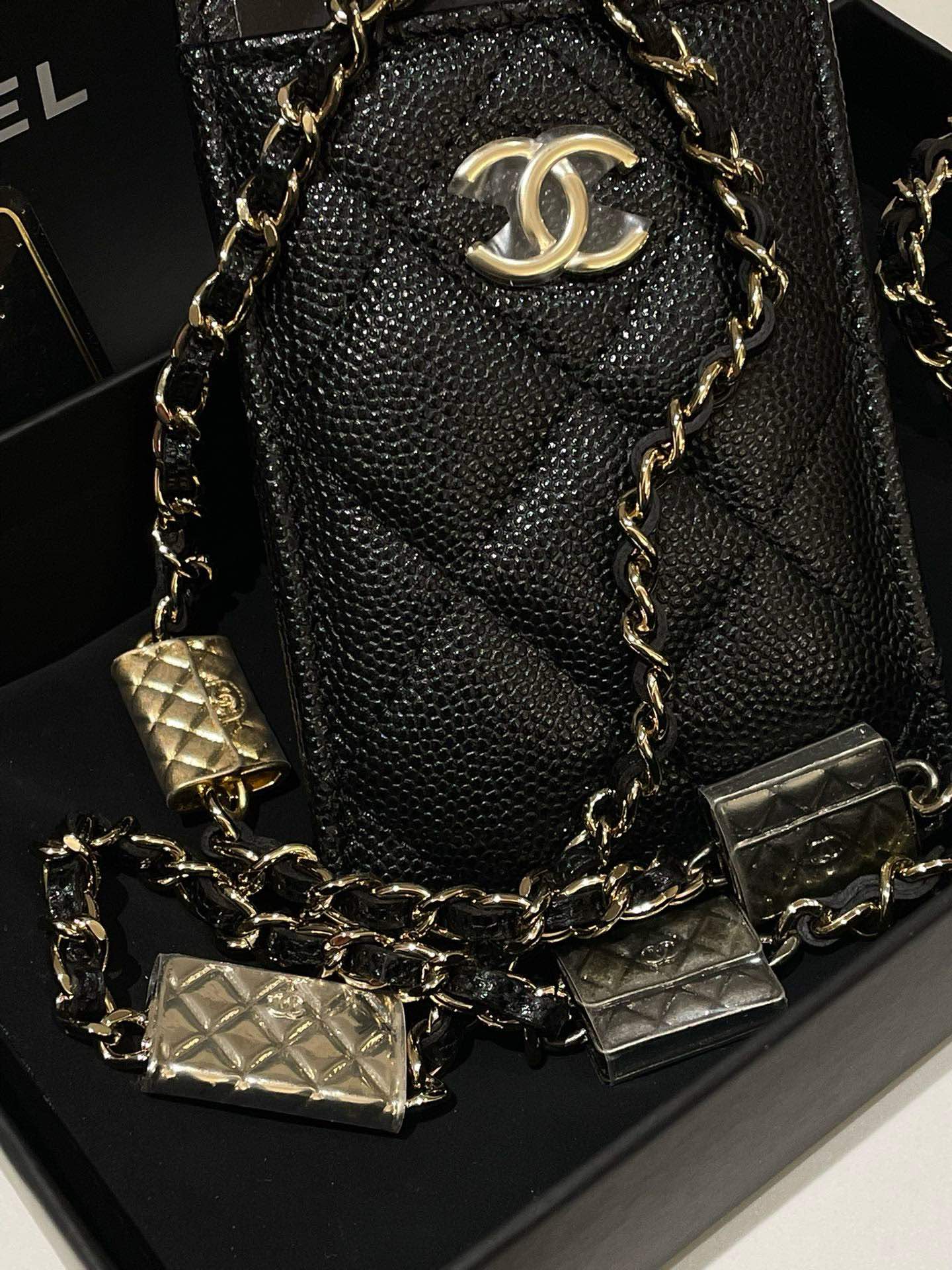 Chanel Card Holder On Chain, Black Caviar Leather Crossbody Bag