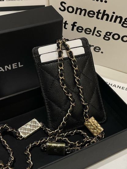 Chanel Card Holder On Chain, Black Caviar Leather Crossbody Bag