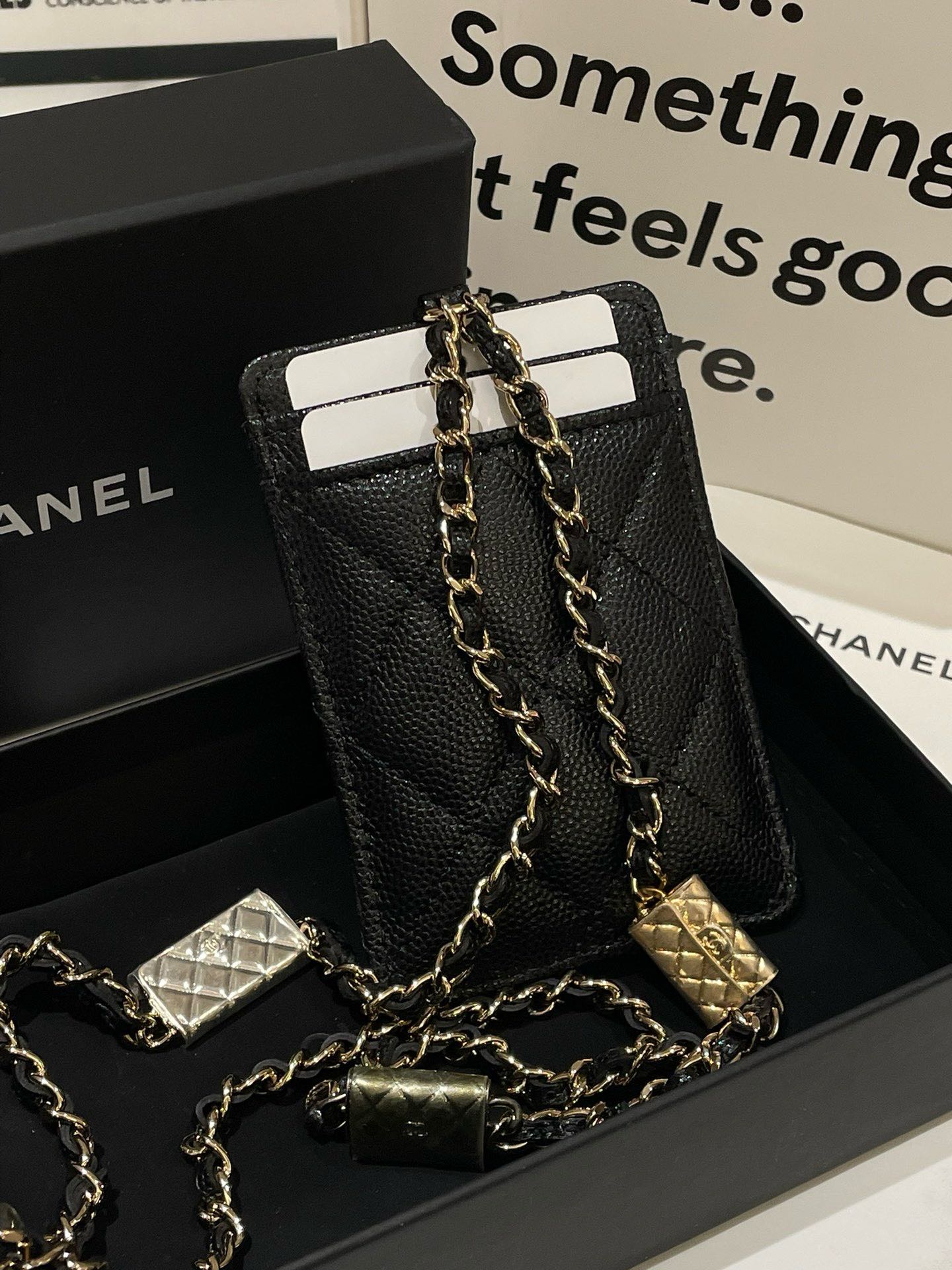 Chanel Card Holder On Chain, Black Caviar Leather Crossbody Bag