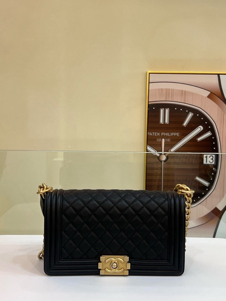 FULL SET Preloved Chanel Le Boy Bag Black Quilted Leather Crossbody