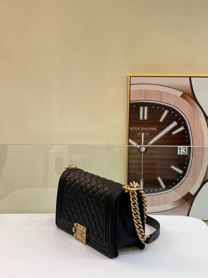 FULL SET Preloved Chanel Le Boy Bag Black Quilted Leather Crossbody