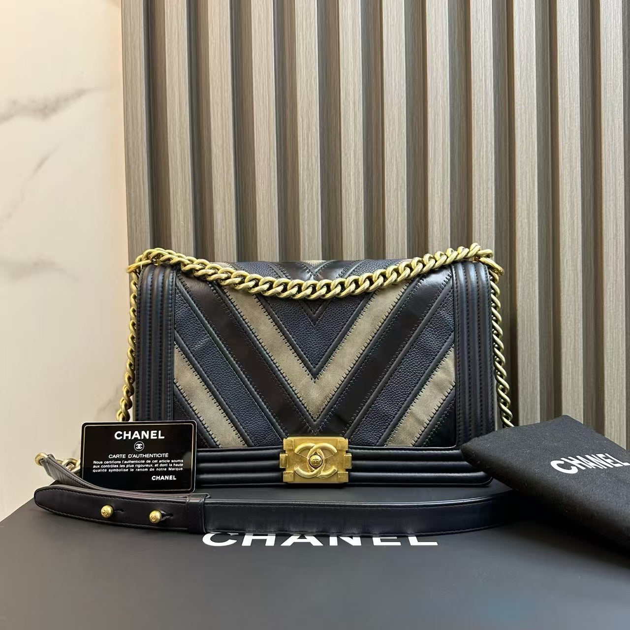Chanel Le Boy Bag Chevron Black Leather Gold Hardware Crossbody