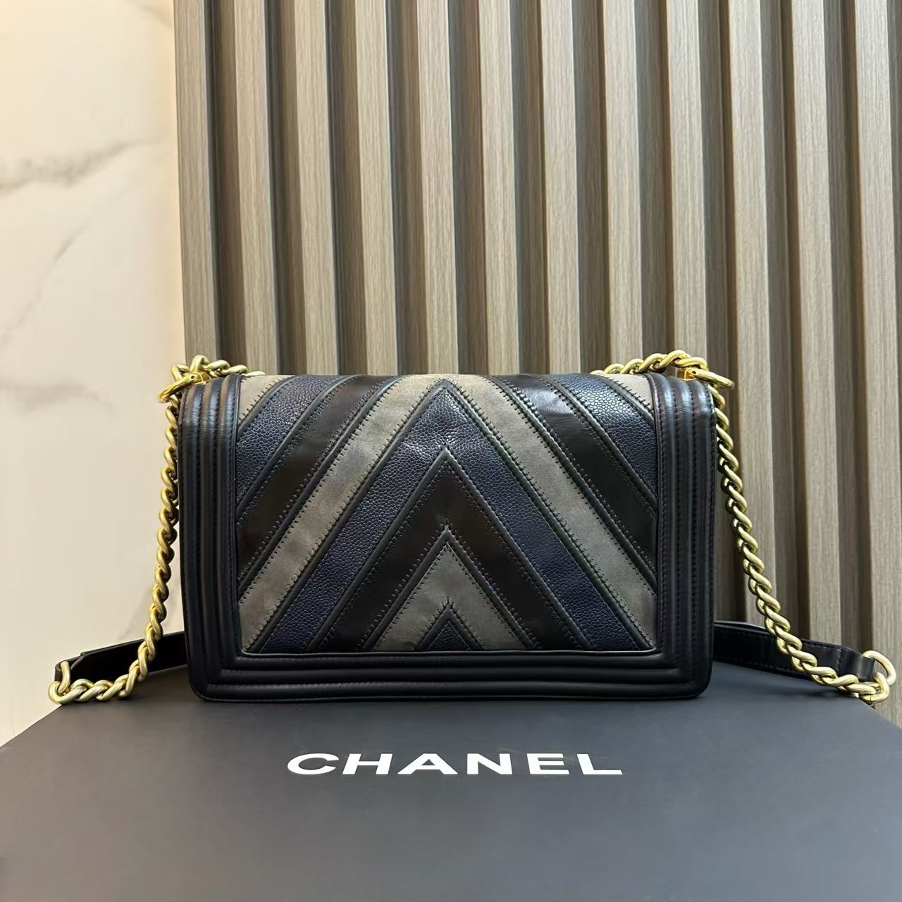 Chanel Le Boy Bag Chevron Black Leather Gold Hardware Crossbody