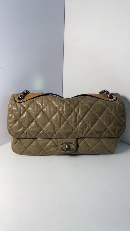 Chanel Airport Crossbody Bag with Handle, Khaki Quilted Leather