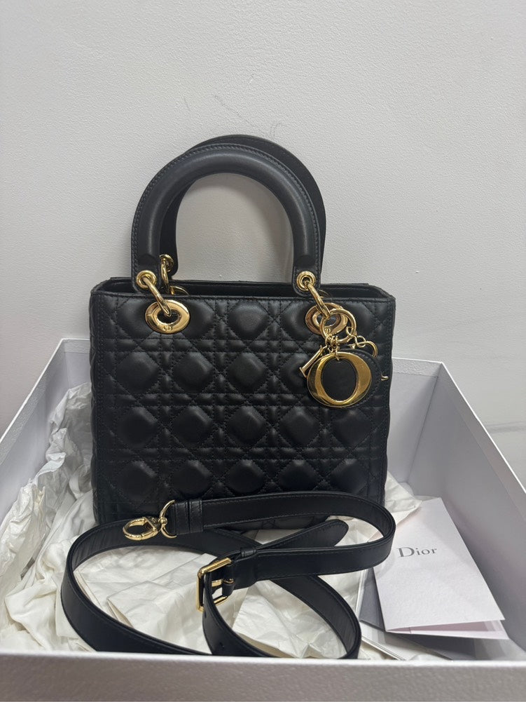 Lady Dior Medium Black Leather Top Handle Bag With Gold Hardware - Full Set