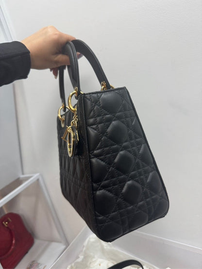 Lady Dior Medium Black Leather Top Handle Bag With Gold Hardware - Full Set