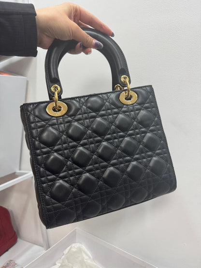 Lady Dior Medium Black Leather Top Handle Bag With Gold Hardware - Full Set