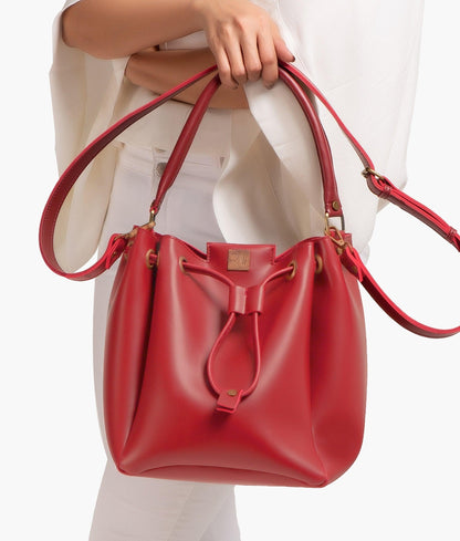 Red drawstring bucket bag