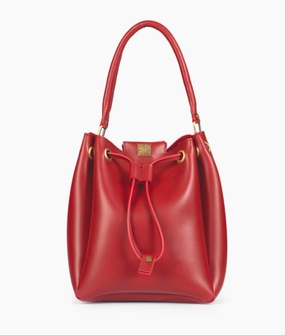 Red drawstring bucket bag