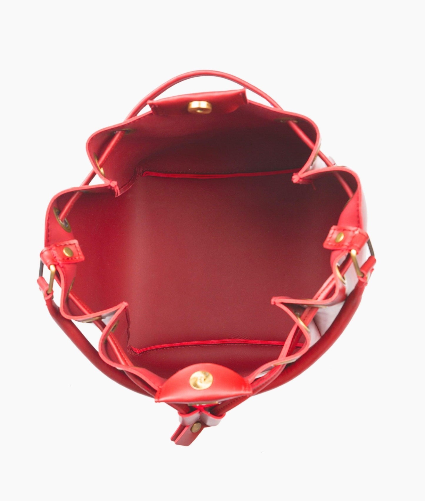 Red drawstring bucket bag