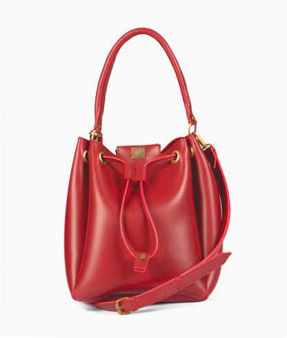 Red drawstring bucket bag