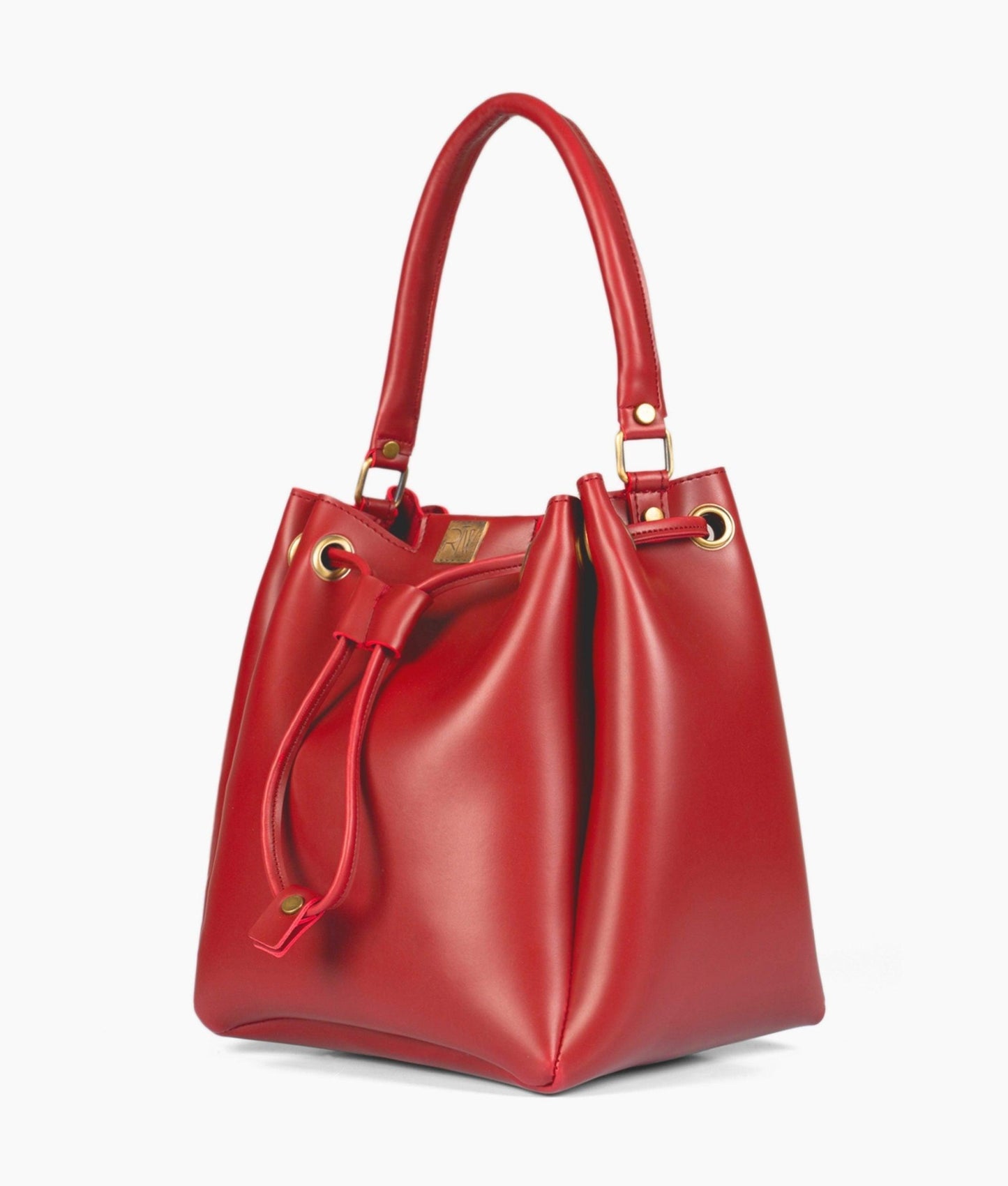 Red drawstring bucket bag