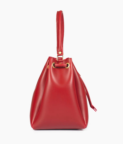 Red drawstring bucket bag