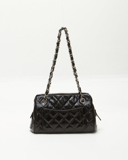 Chanel Black Patent Calfskin CC Logo Small Zip Chain Shoulder Bag
