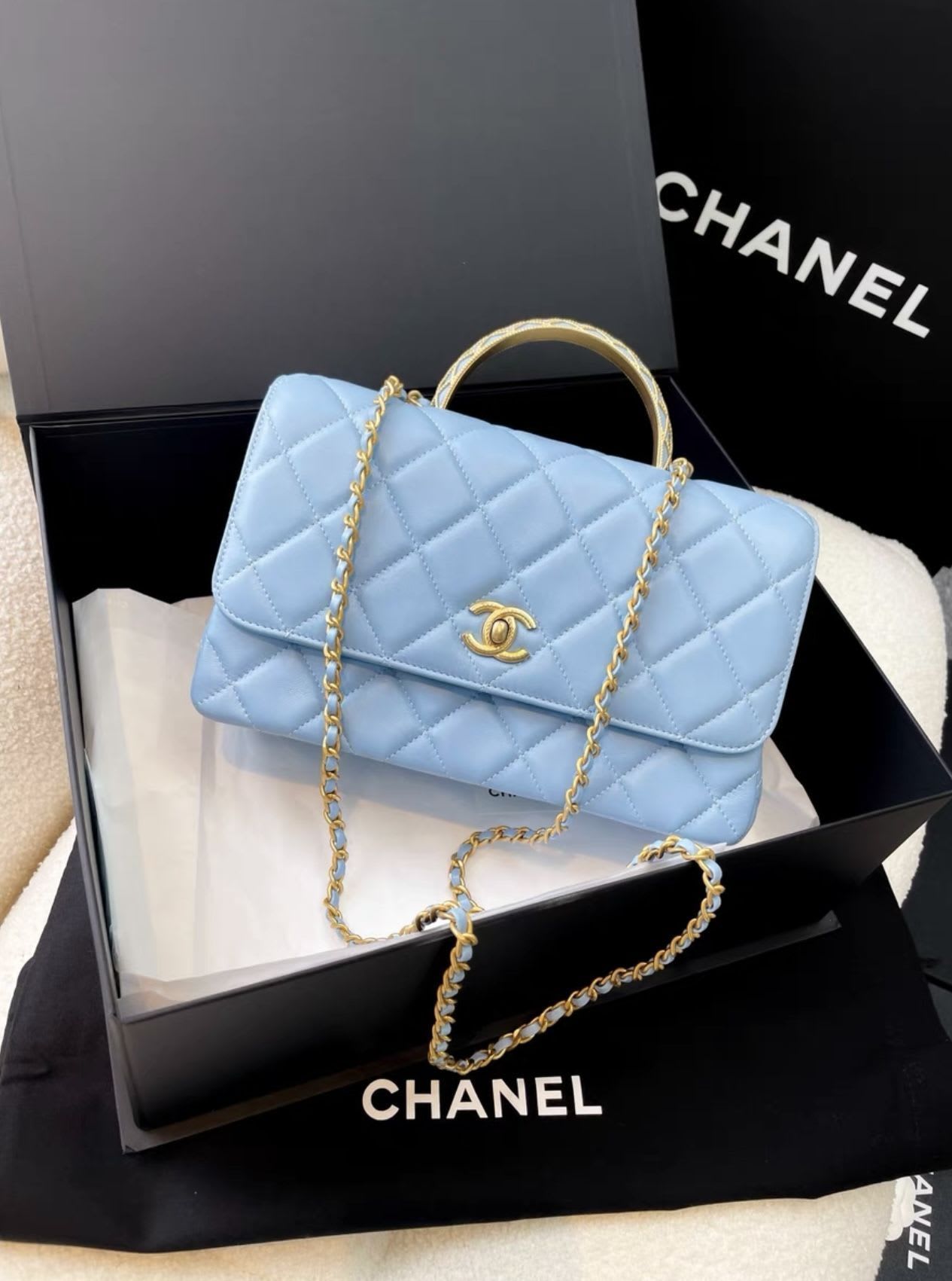 Chanel 23A Sky Blue Gold Hardware Chain Top Handle Quilted Leather Bag