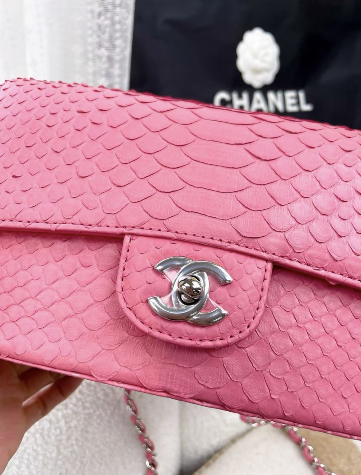 Chanel Pink Snake Leather Cf Large Mini