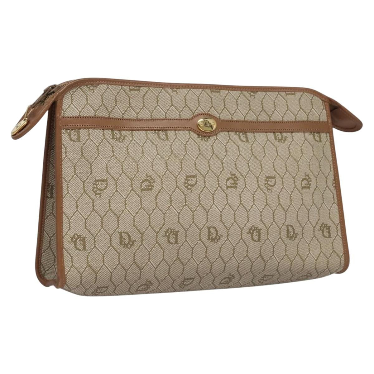 Christian Dior Honeycomb Zip Pouch Coated Canvas Beige Pvc Clutche Pouche Bag Style 2