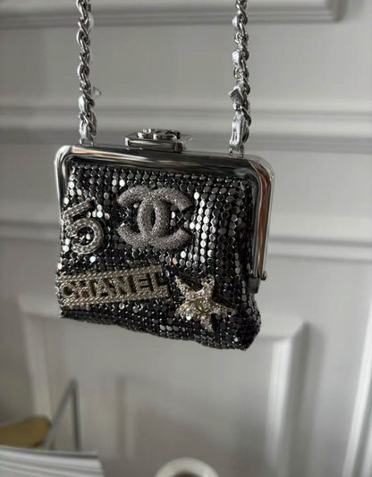 Chanel Luxury Leather Silver Clutch Silver